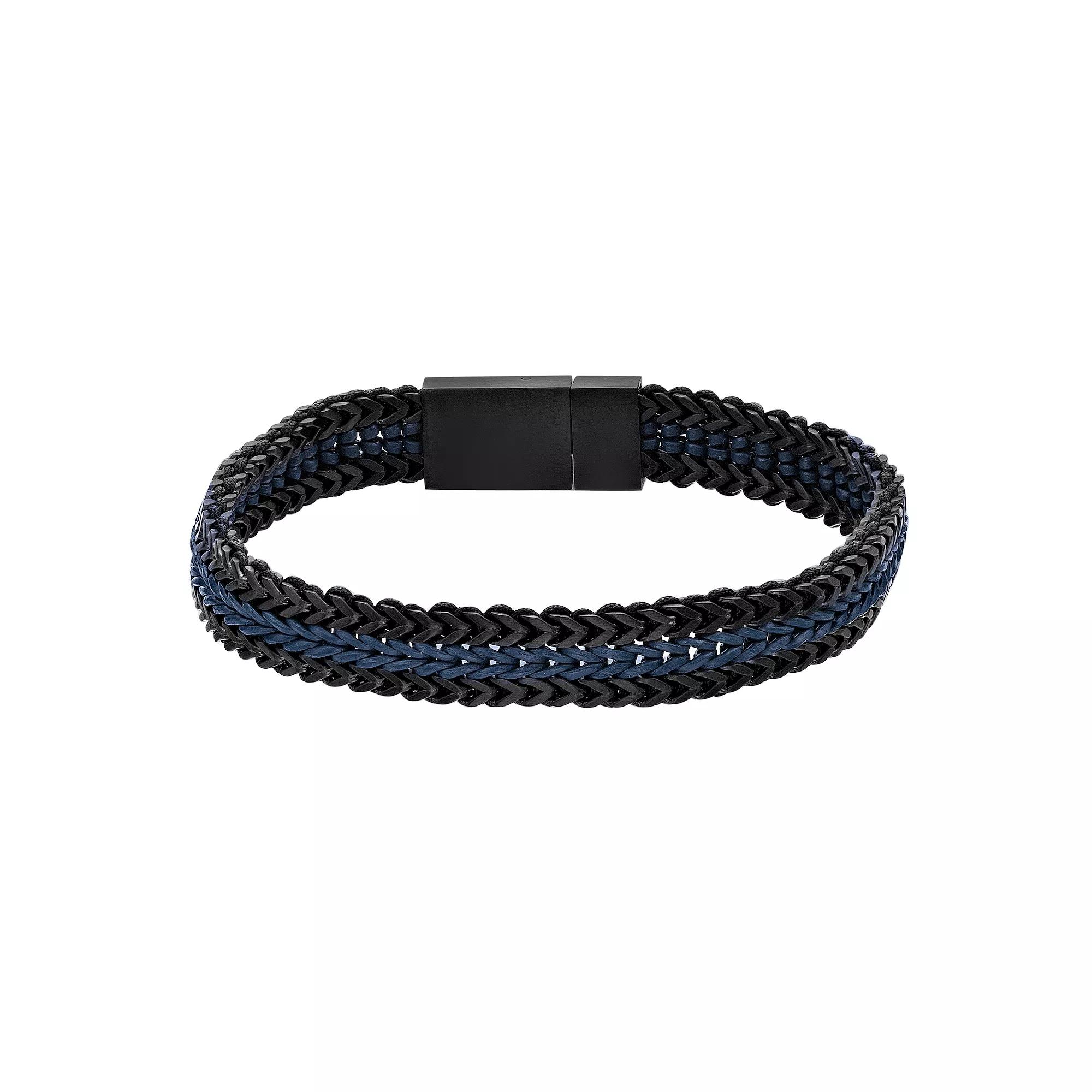 Men's LYNX Stainless Steel & Blue Leather Bracelet, Size: 8.5" Product Image
