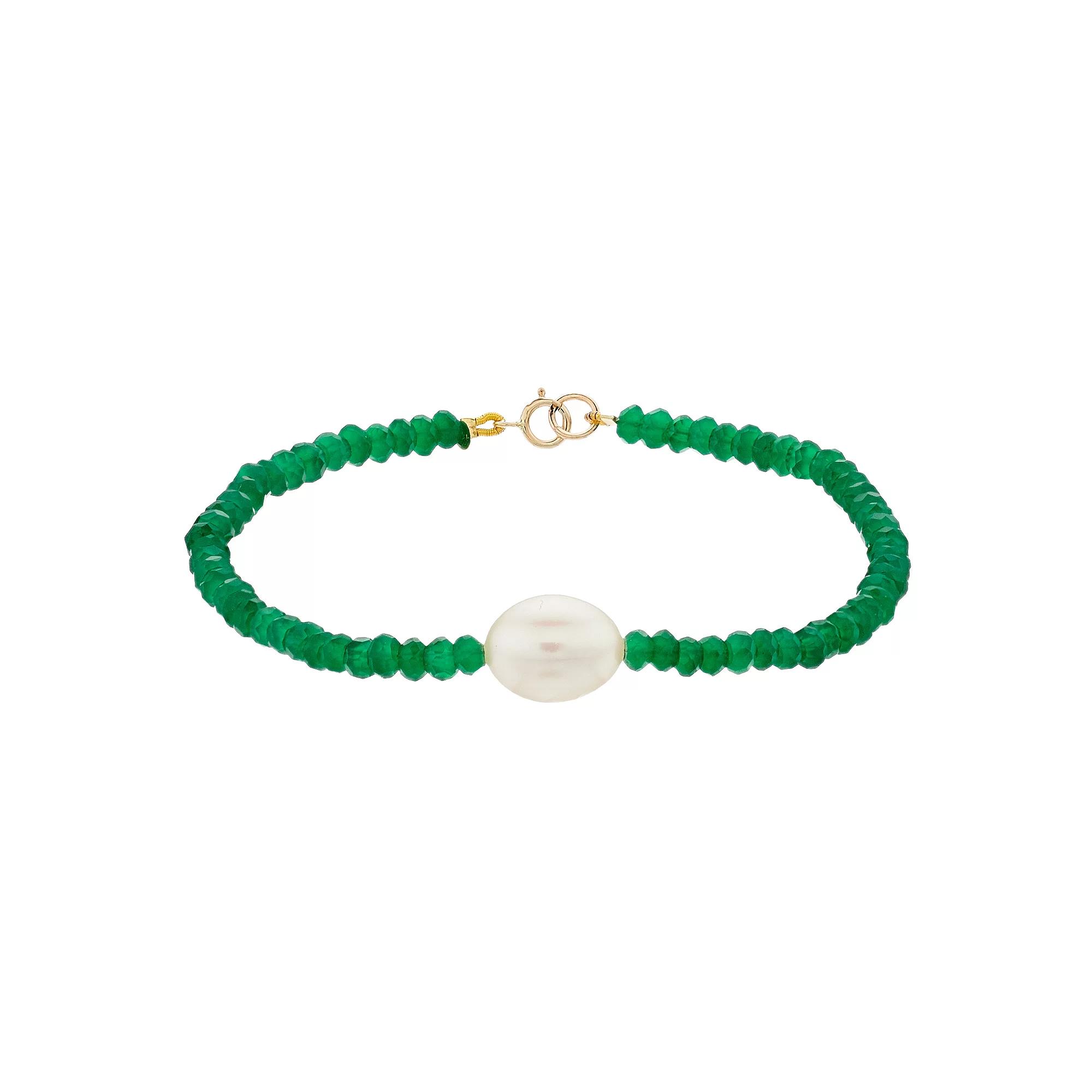 Jewelmak 14k Gold Green Onyx Rondelle Freshwater Cultured Pearl Bracelet, Women's Product Image