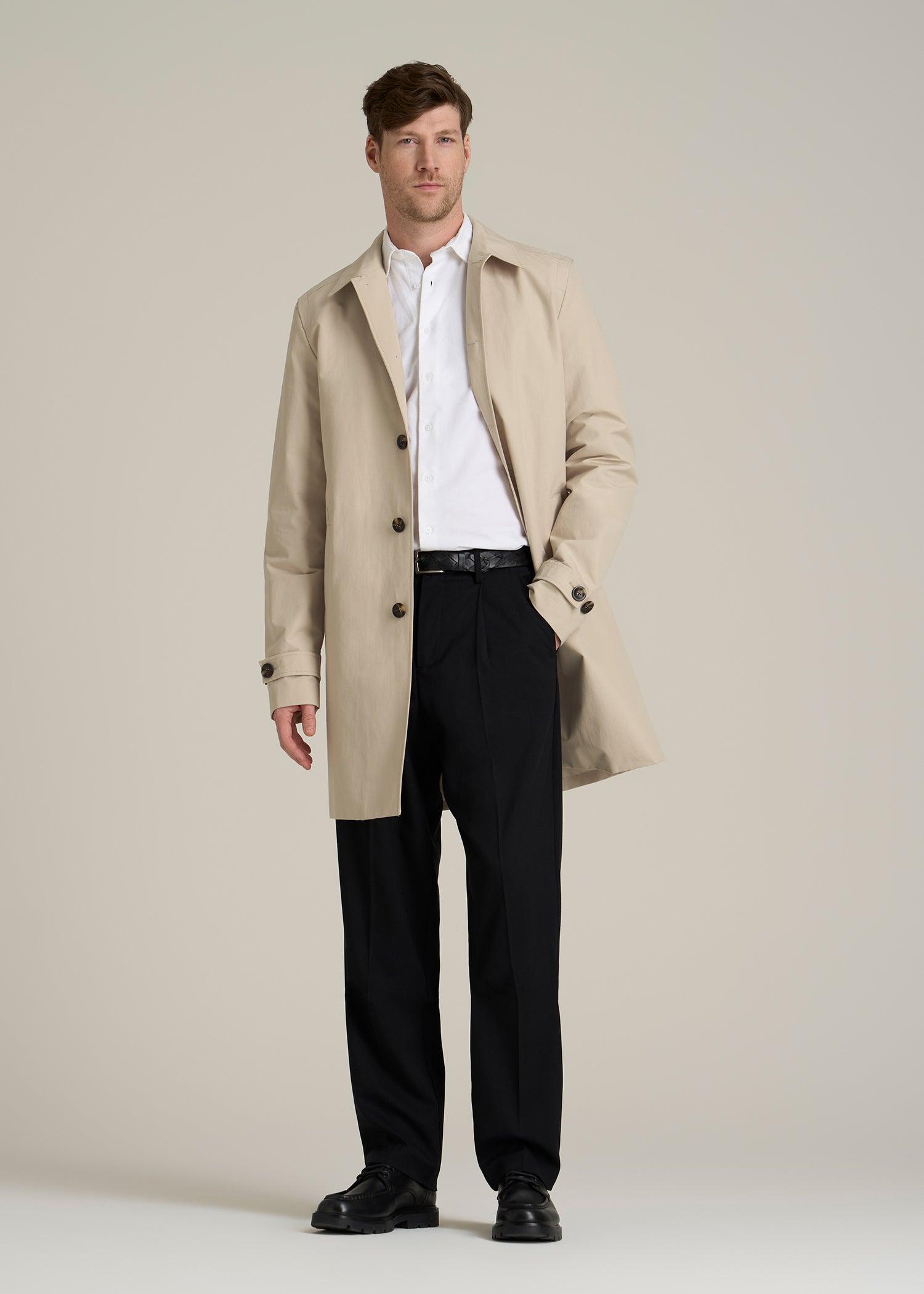 Minimalist Trench Coat for Tall Men in Light Khaki Male Product Image