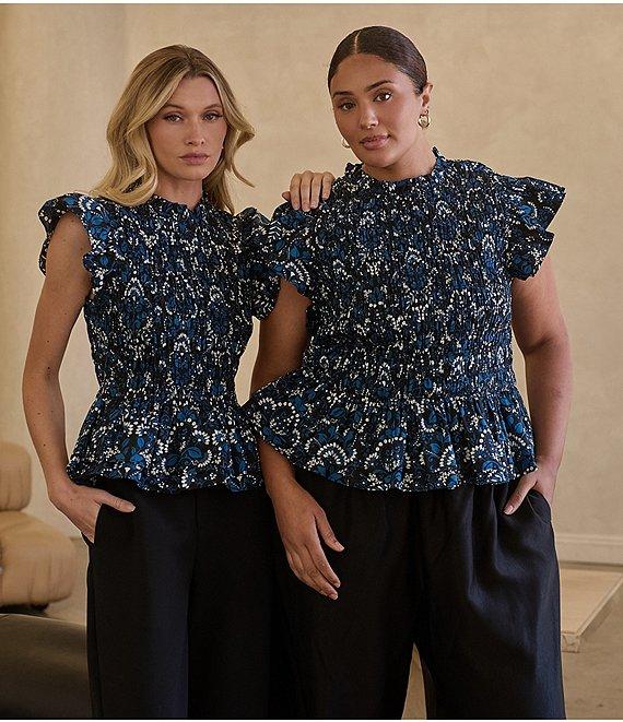 Sugarlips Etta Floral Print Mock Neckline Short Sleeve Smocked Peplum Top Product Image