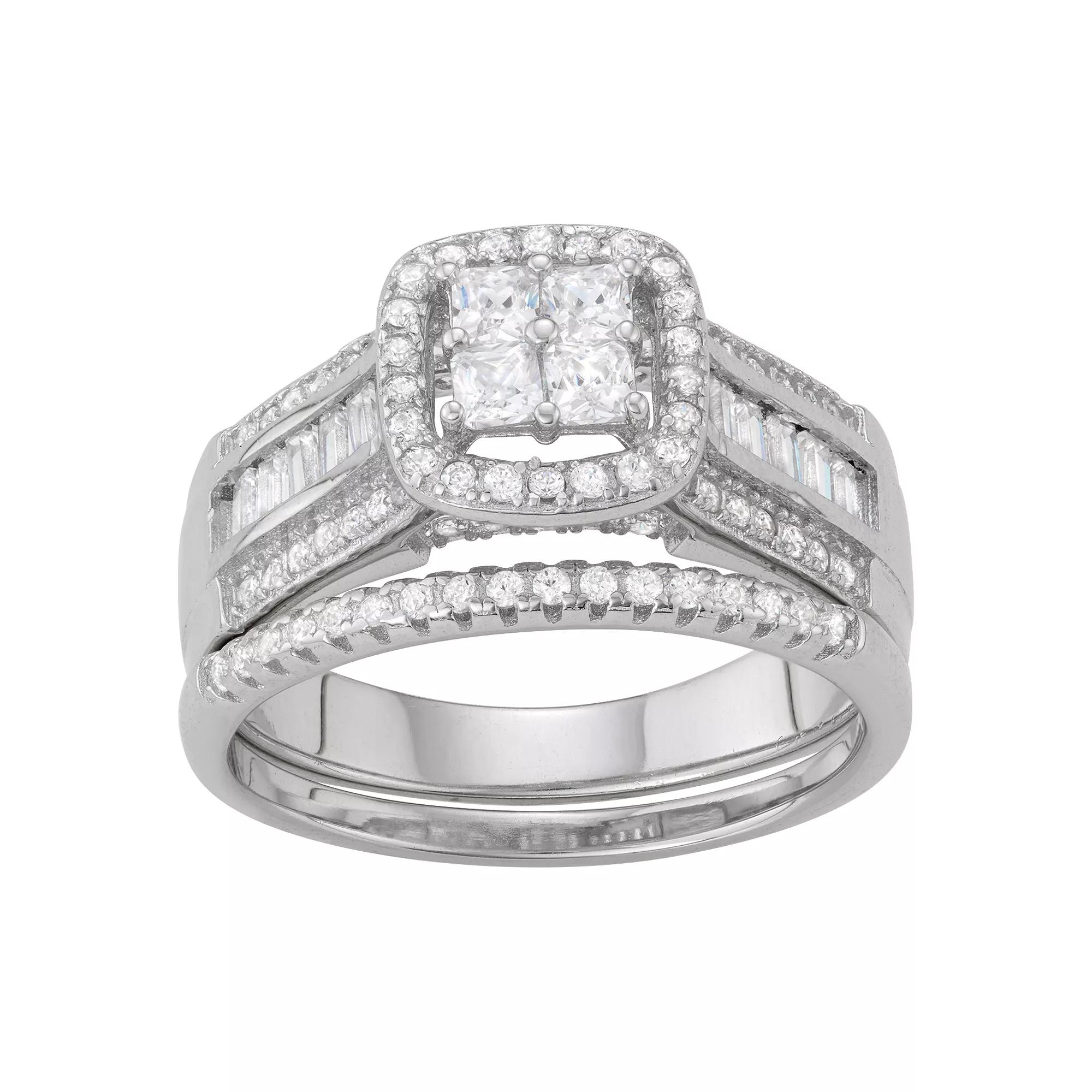 Designs by Gioelli Sterling Silver Lab-Created White Sapphire Square Ring Set, Womens Pink Tone Product Image