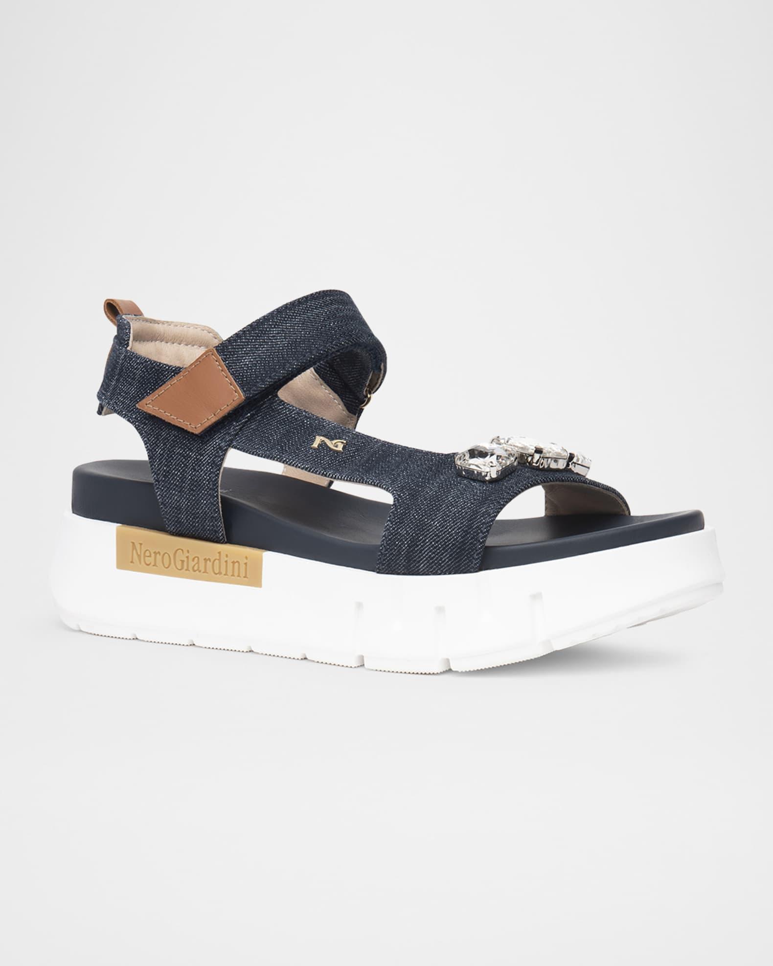 Stone Embellished Denim and Leather Sandals Product Image