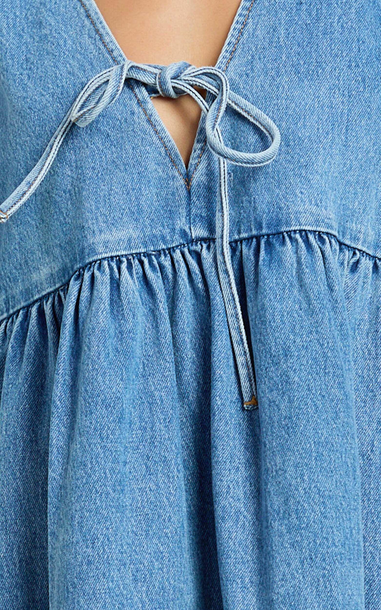 Shailene Mini Dress - Tie Front Puff Sleeve Recycled Denim Dress in Mid Blue Wash Product Image