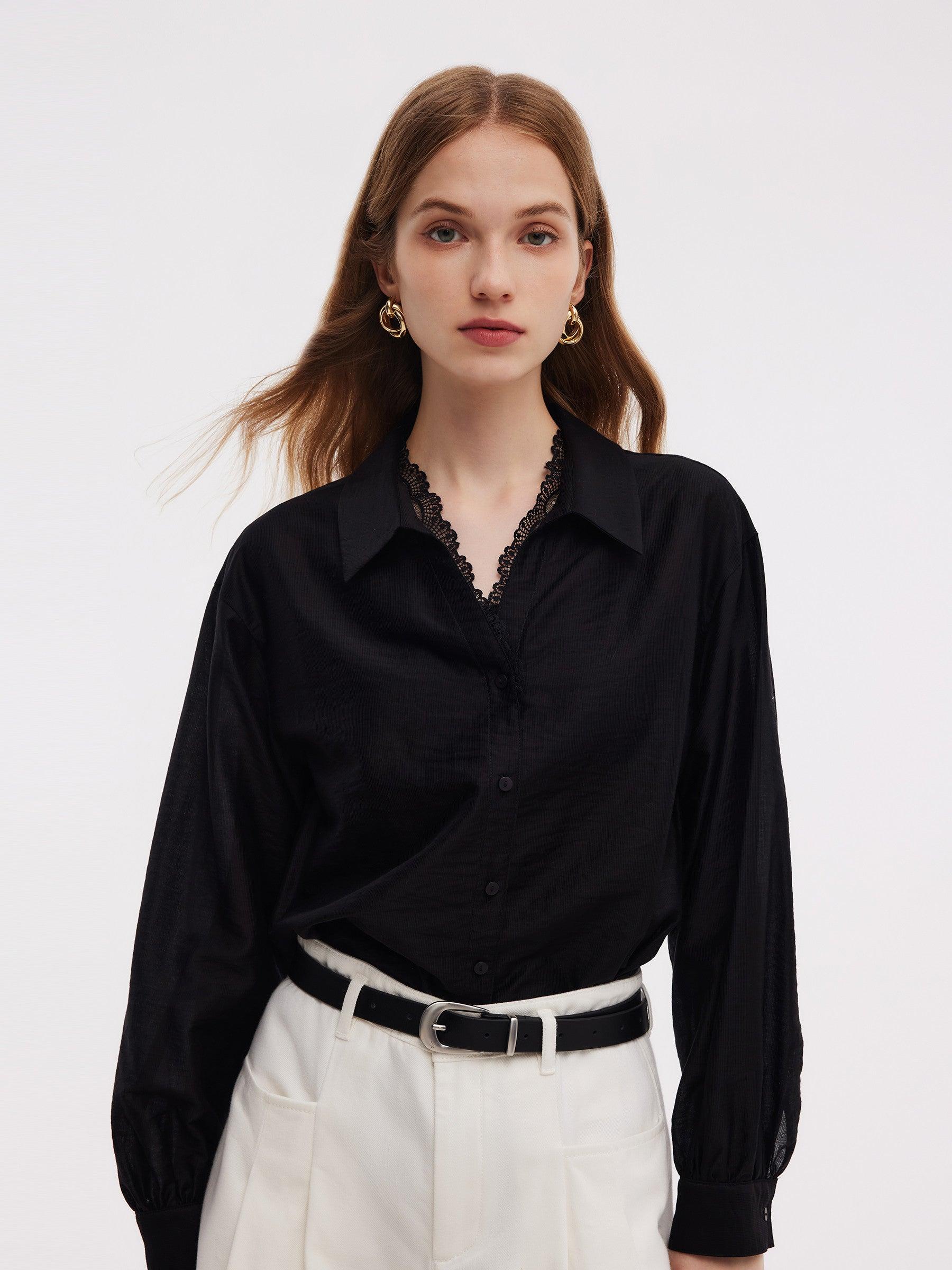 Tencel Blend Lace V-Neck Women Mock Layered Shirt Product Image