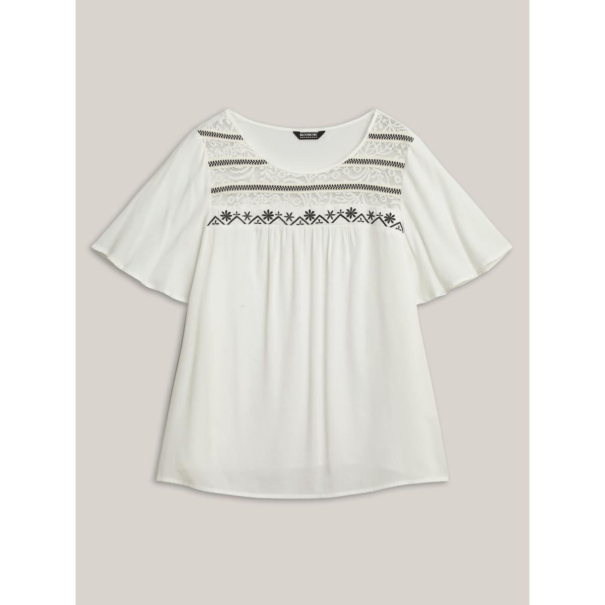 Plus Size WhiteSmoke Stretchy Boho Neck Cut-Out Blouse Women Boho Short sleeve Round Neck Vacation Blouses BloomChic 22-24/3X Product Image