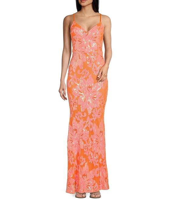 Midnight Doll Floral Sequin Pattern V-Neck Spaghetti Strap Lace Up Back Dress Product Image