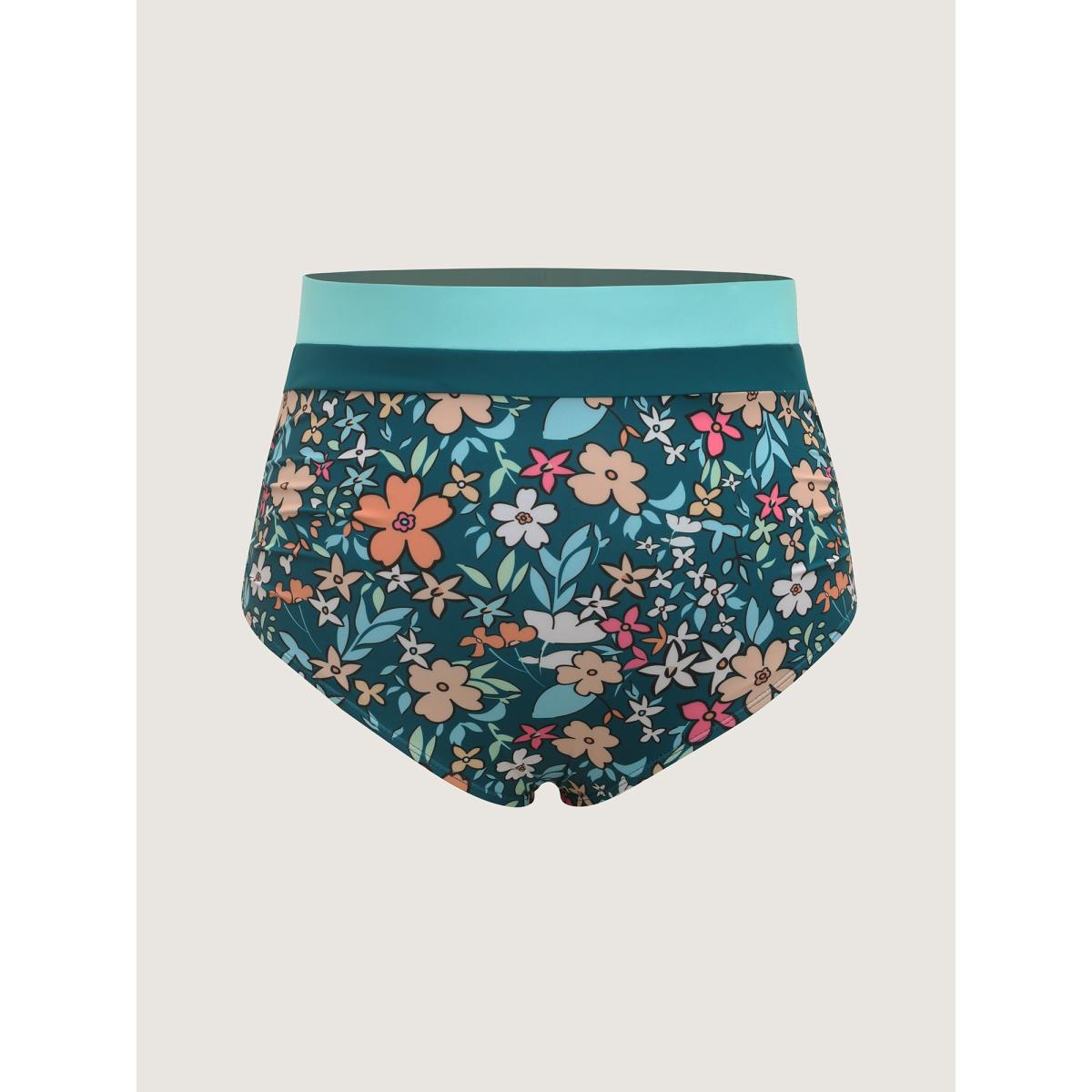 Plus Size Floral Print Color Contrast Swim Bottoms Women's Swimwear Cyan Resort Contrast High stretch Skinny High Rise Curve Swim Bottoms BloomChic 18-20/2X Product Image