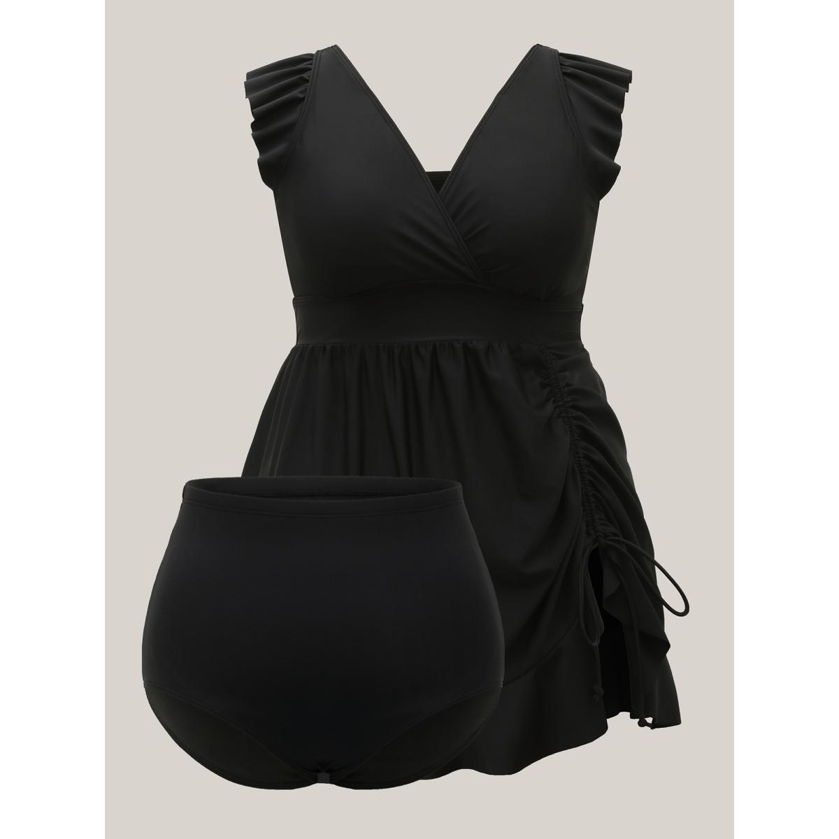 Plus Size Ruffled Hem Flutter Sleeve Drawstring Swim Dress Women's Swimwear Aegean Resort Bodycon Overlap Collar High stretch Curve Swim Dresses BloomChic 18-20/2X Product Image