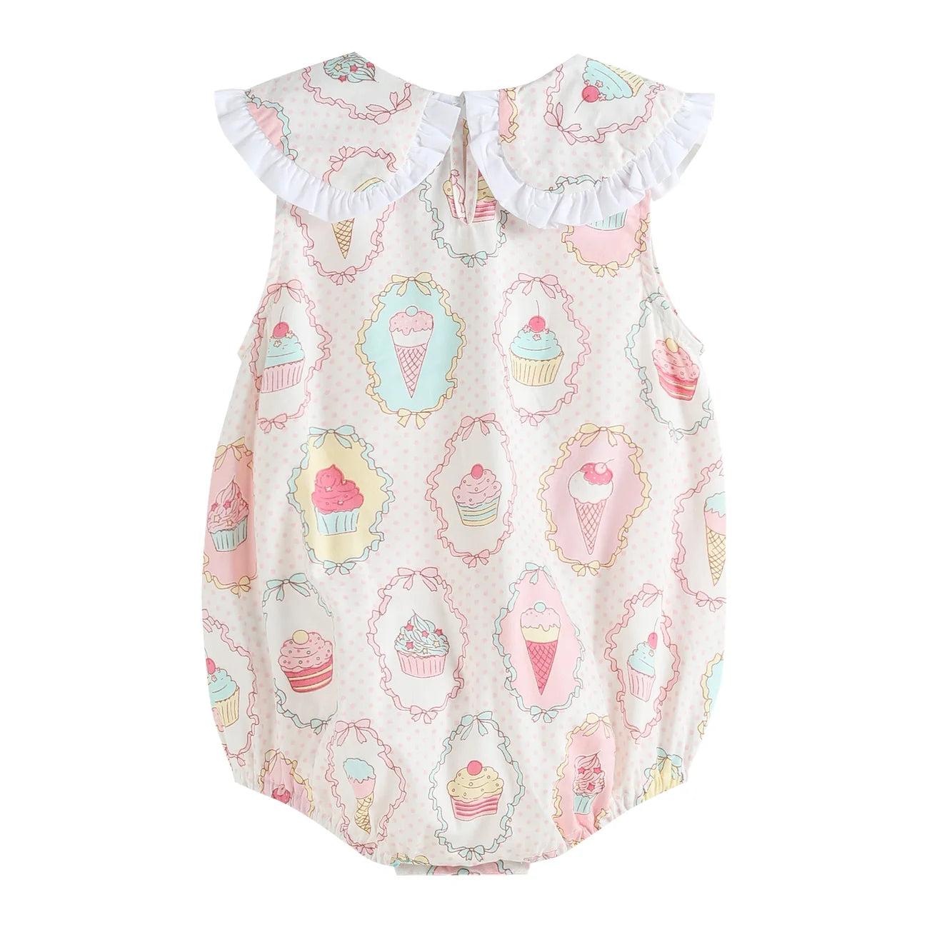 Sweet Bakery Print Cupcake Collared Bubble Romper Product Image