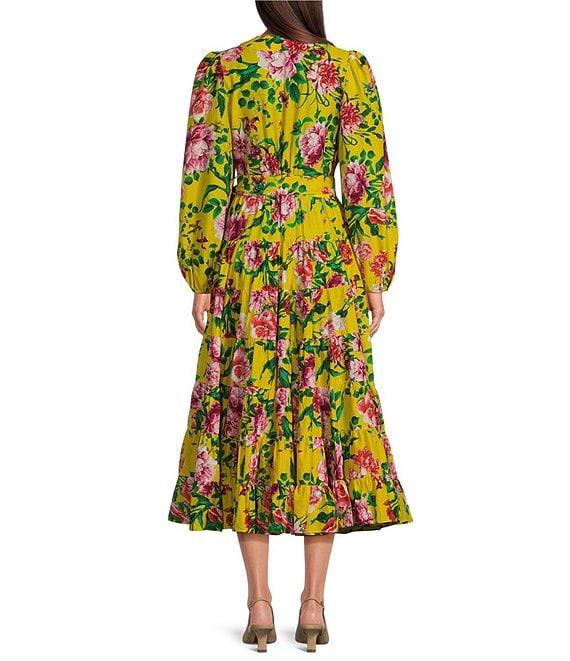 Gibson & Latimer Woven Floral Print Poplin V-Neck Long Blouson Sleeve Tie at Side Wrap A-Line Flounce Midi Dress Product Image