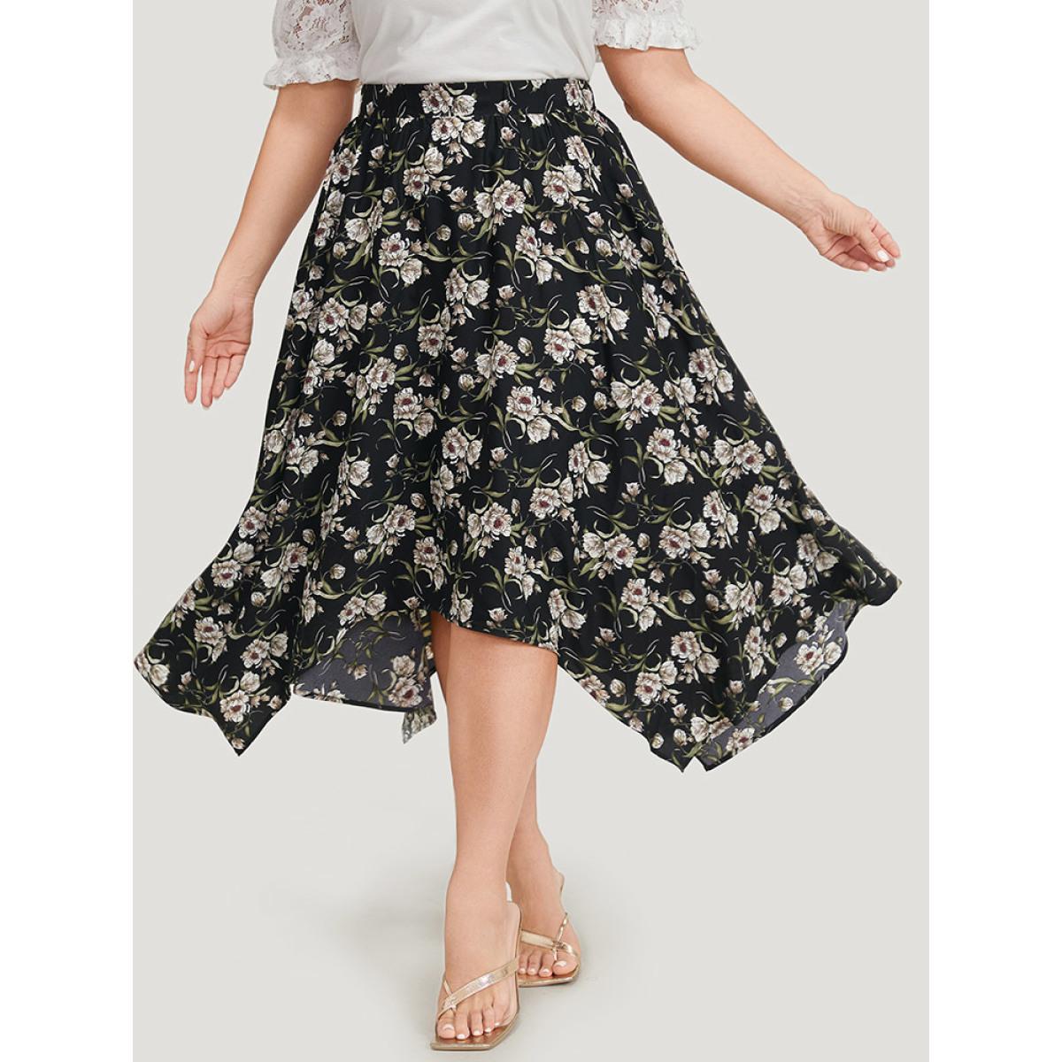 Plus Size Floral Print Pocket Elastic Waist Hanky Hem Skirt Women BlackFlower Elegant Printed No stretch Dailywear Skirts BloomChic 26/4X Product Image
