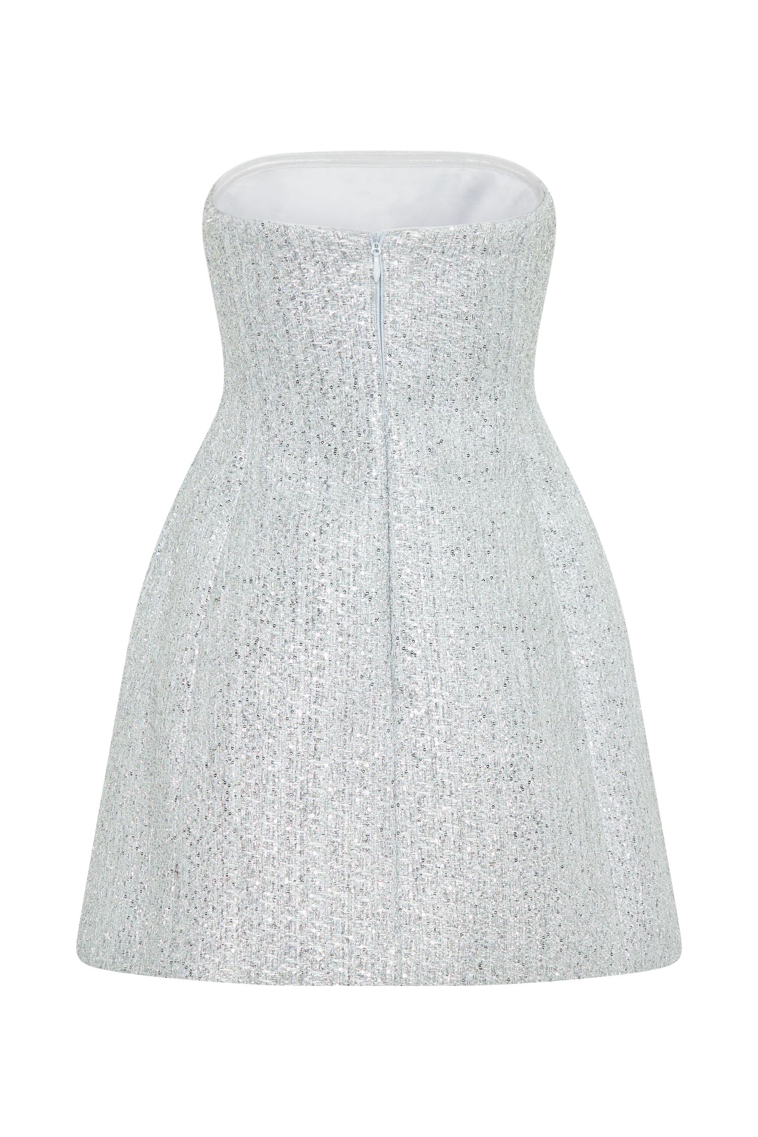Gala Strapless Tweed Mini Dress - Silver Product Image