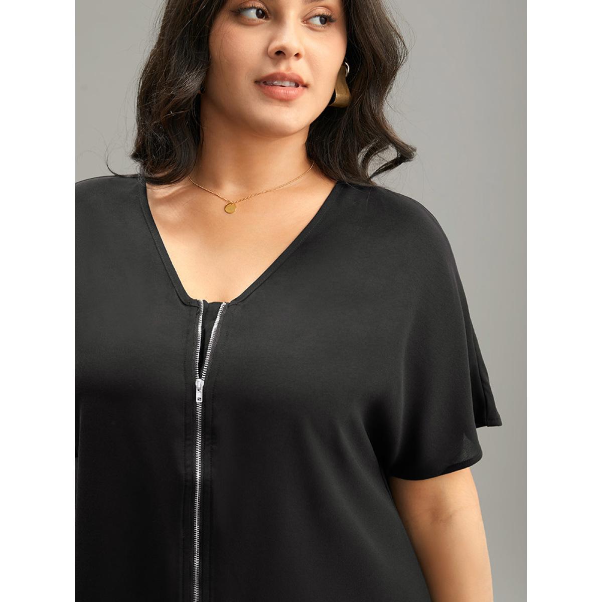 Plus Size Black Plain Zipper Curved Hem Blouse Women Office Short sleeve V-neck Work Blouses BloomChic 10/M Product Image