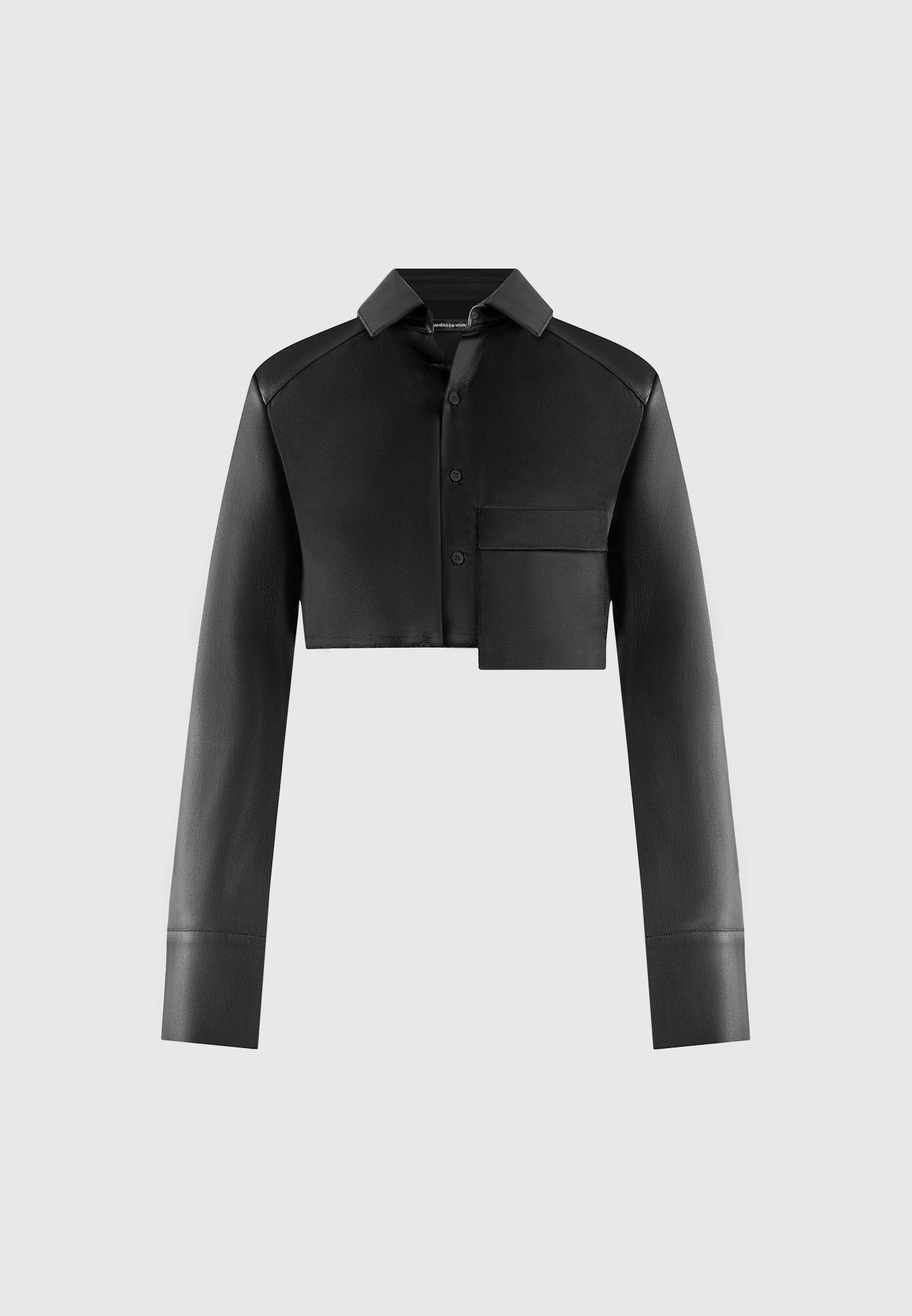 Bernadette - Leather Contrast Cropped Shirt - Black Female Product Image