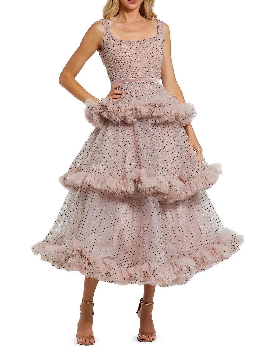 Womens Polka Dot Ruffle Tulle Cocktail Dress Product Image