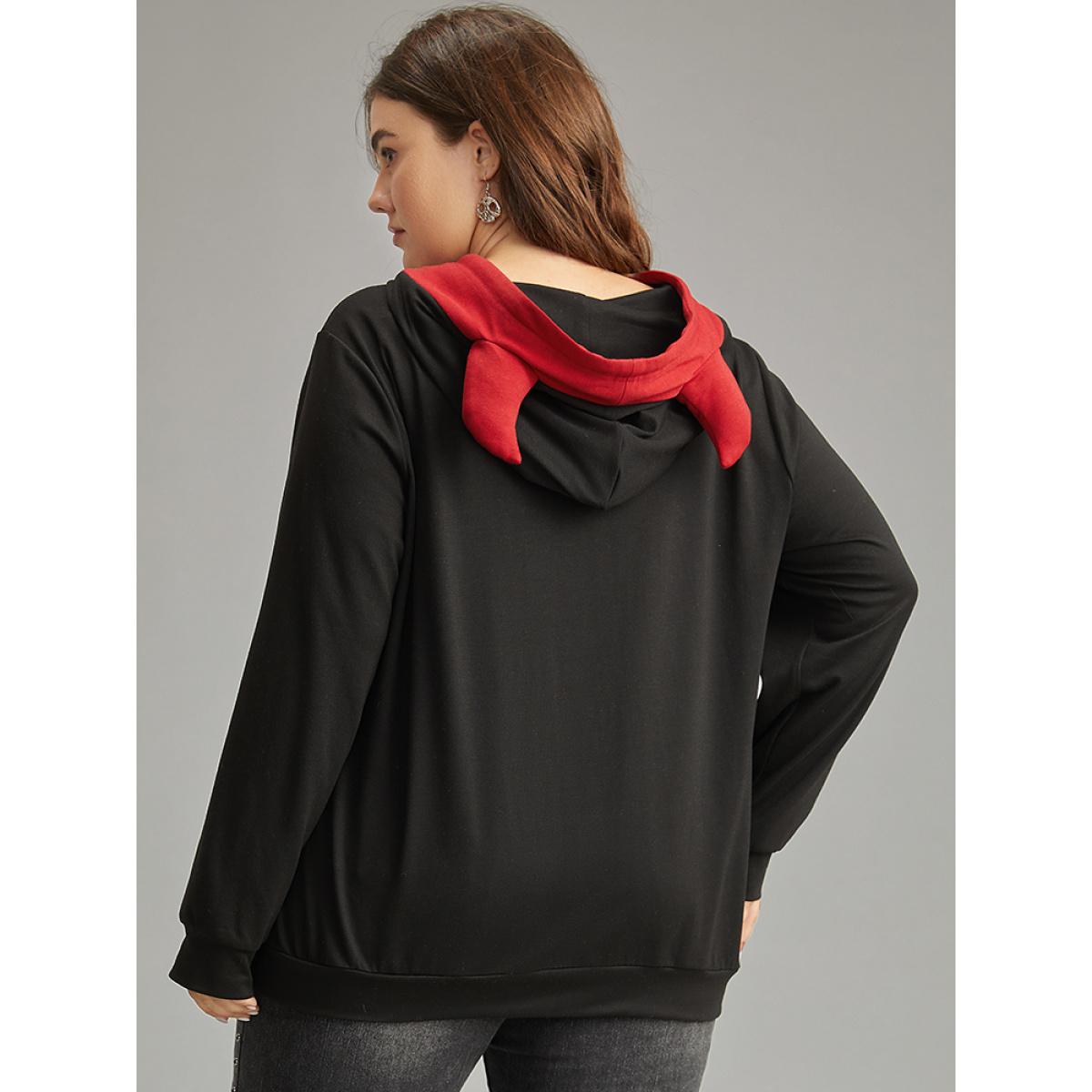 Plus Size Halloween Hooded Drawstring Contrast Pocket Sweatshirt Women Black Casual Contrast Hooded Festival-Halloween Sweatshirts BloomChic 18-20/2X Product Image