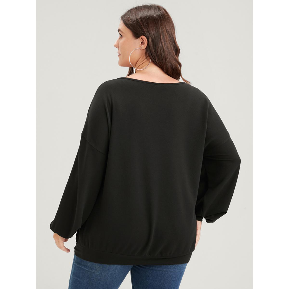 Plus Size Solid Plant Embroidered Keyhole Neck Sweatshirt Women Black Casual Embroidered Loose Round Neck Dailywear Sweatshirts BloomChic 26/4X Product Image