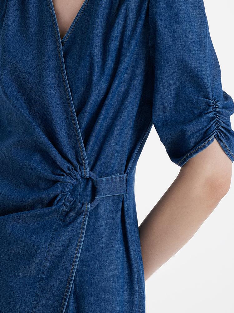 Denim V-Neck Twist Waist Women Midi Dress Product Image