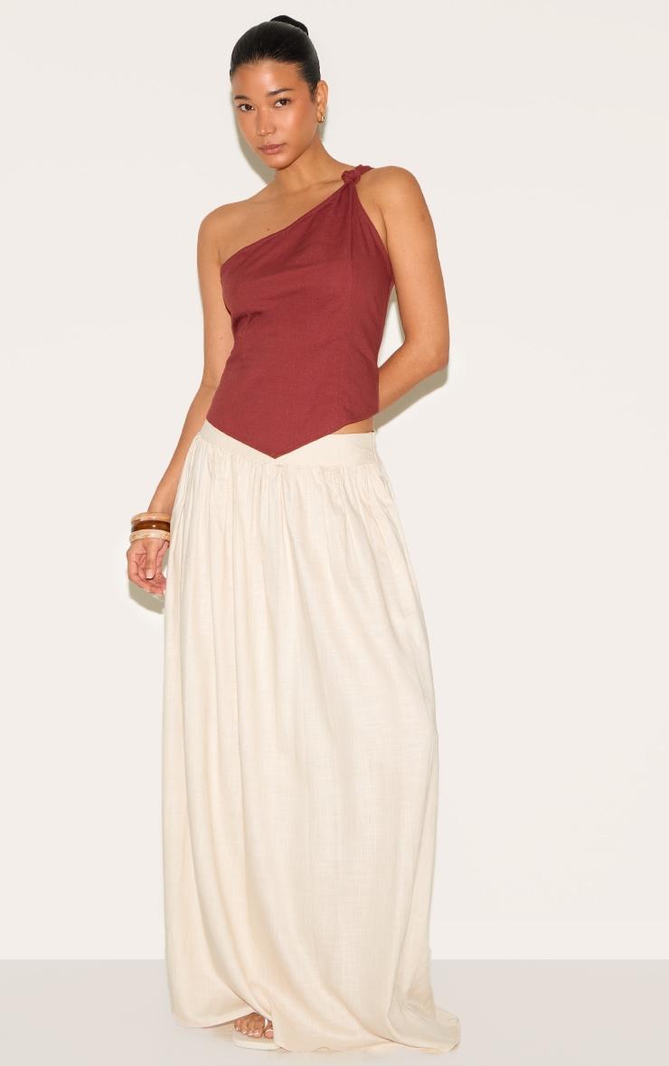 Deep Red Linen Look Neck Detail Long Top Product Image