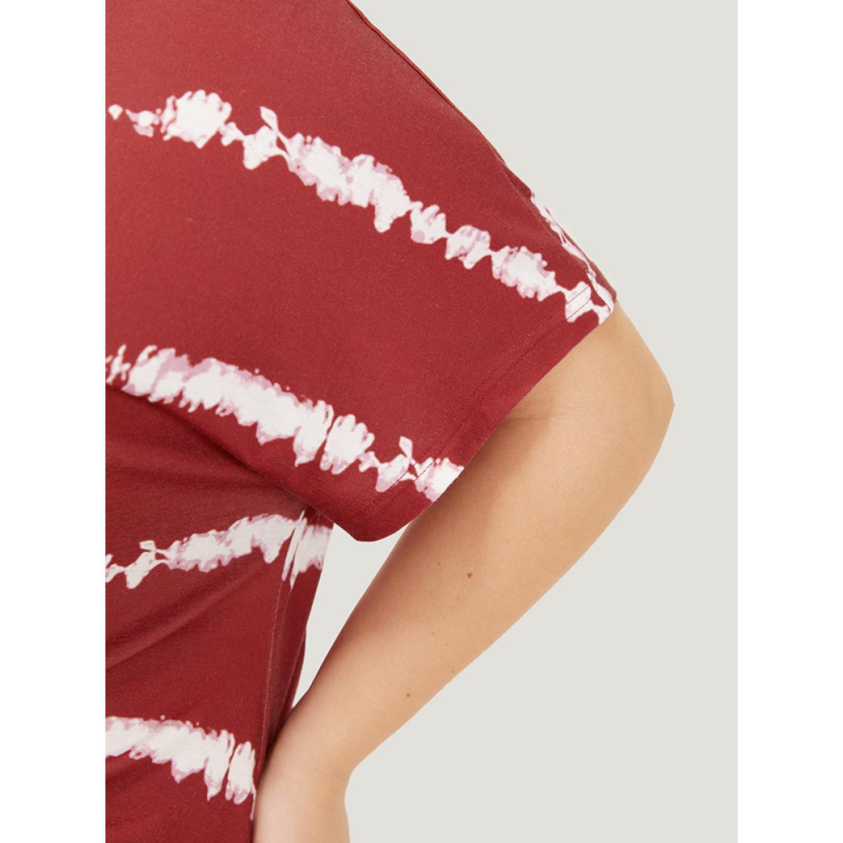 Plus Size Striped Print Batwing Sleeve Knot Front Tie Dye Dress Burgundy Women Casual Cross straps Round Neck Short sleeve Curvy Knee Dress BloomChic 28/5X Product Image