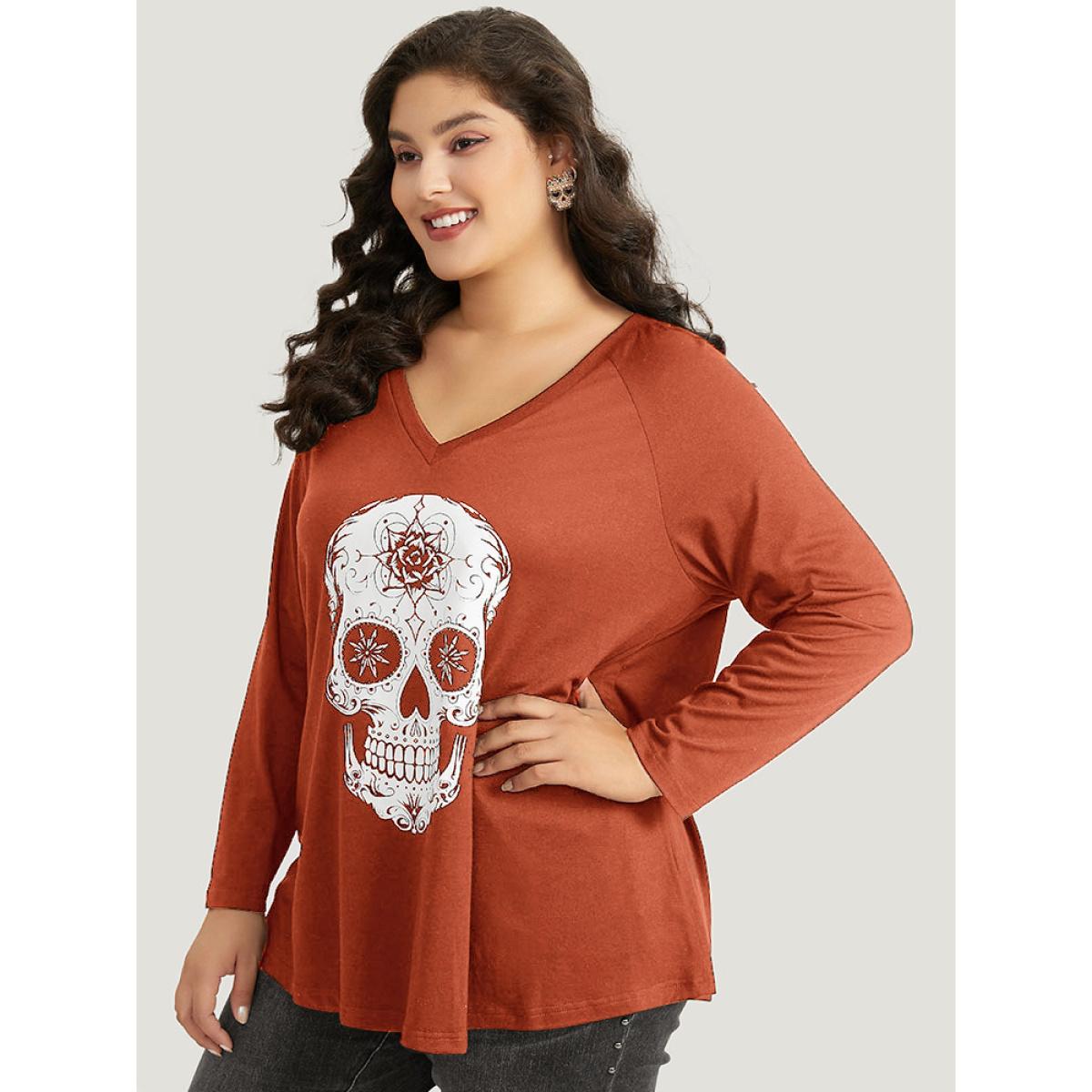 Plus Size Halloween Skull Print Long Sleeve T-shirt Chocolate Women Casual Printed Halloween Festival-Halloween T-shirts BloomChic 14-16/1X Product Image