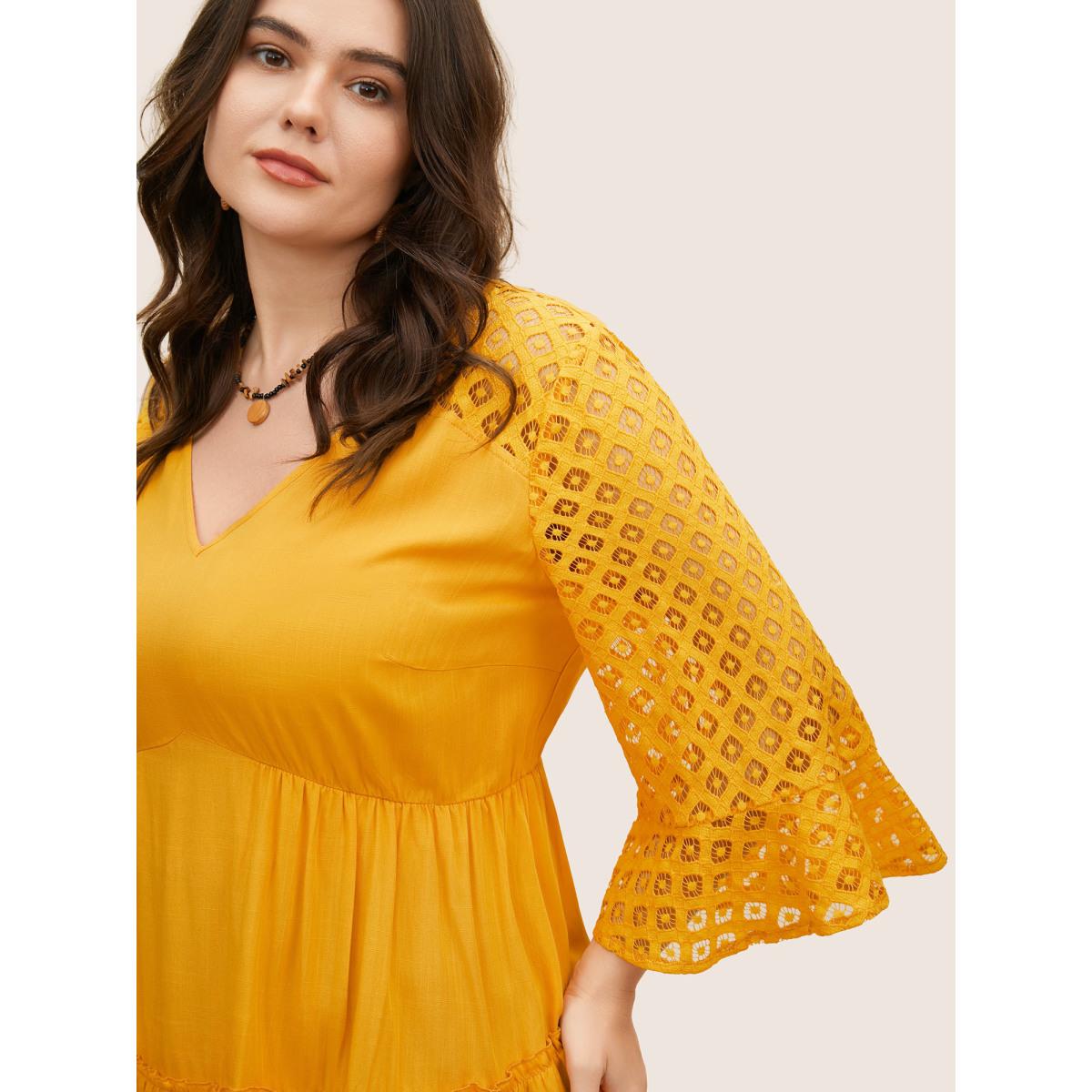 Plus Size Turmeric Solid Patchwork Ruffles Raglan Sleeve Blouse Women Resort Elbow-length sleeve V-neck Vacation Blouses BloomChic 12/L Product Image