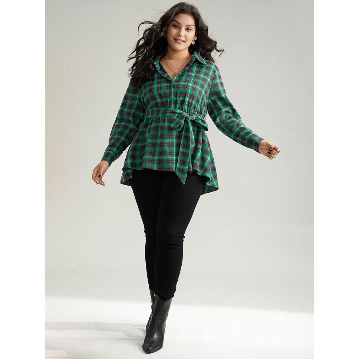 Plus Size Green Shirt Collar Plaid Belted High Low Hem Blouse Women Elegant Long Sleeve Shirt collar Festival-Christmas Blouses BloomChic 14-16/1X Product Image