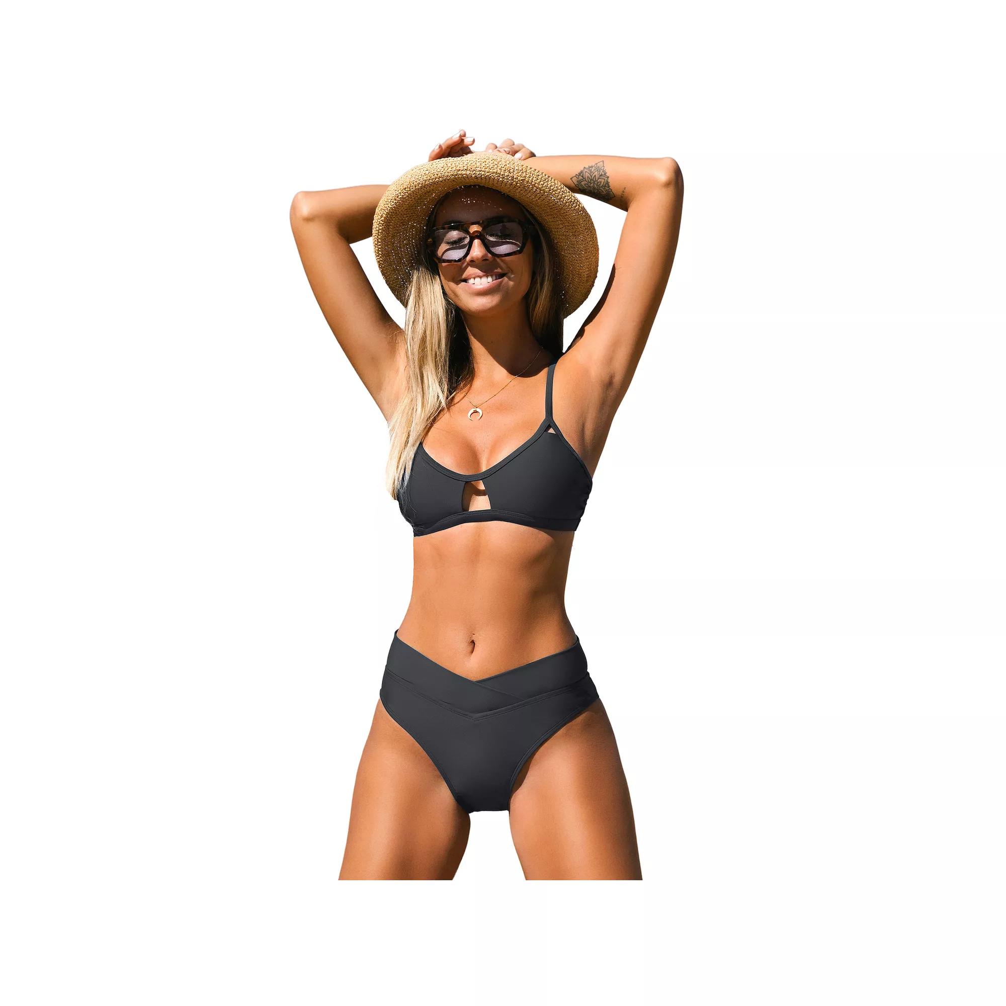 Women's Cupshe Cutout Bralette & V-Front High Waist Bikini Set, Size: XL, Black Product Image