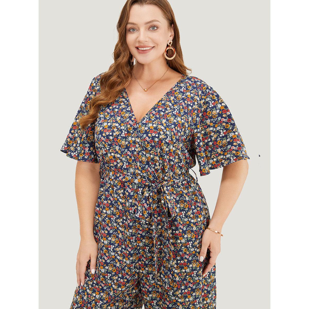 Plus Size DarkBlue Ditsy Floral Flutter Sleeve Pocket Belted Wrap Jumpsuit Women Elegant Short sleeve V-neck Dailywear Loose Jumpsuits BloomChic 30/6X Product Image