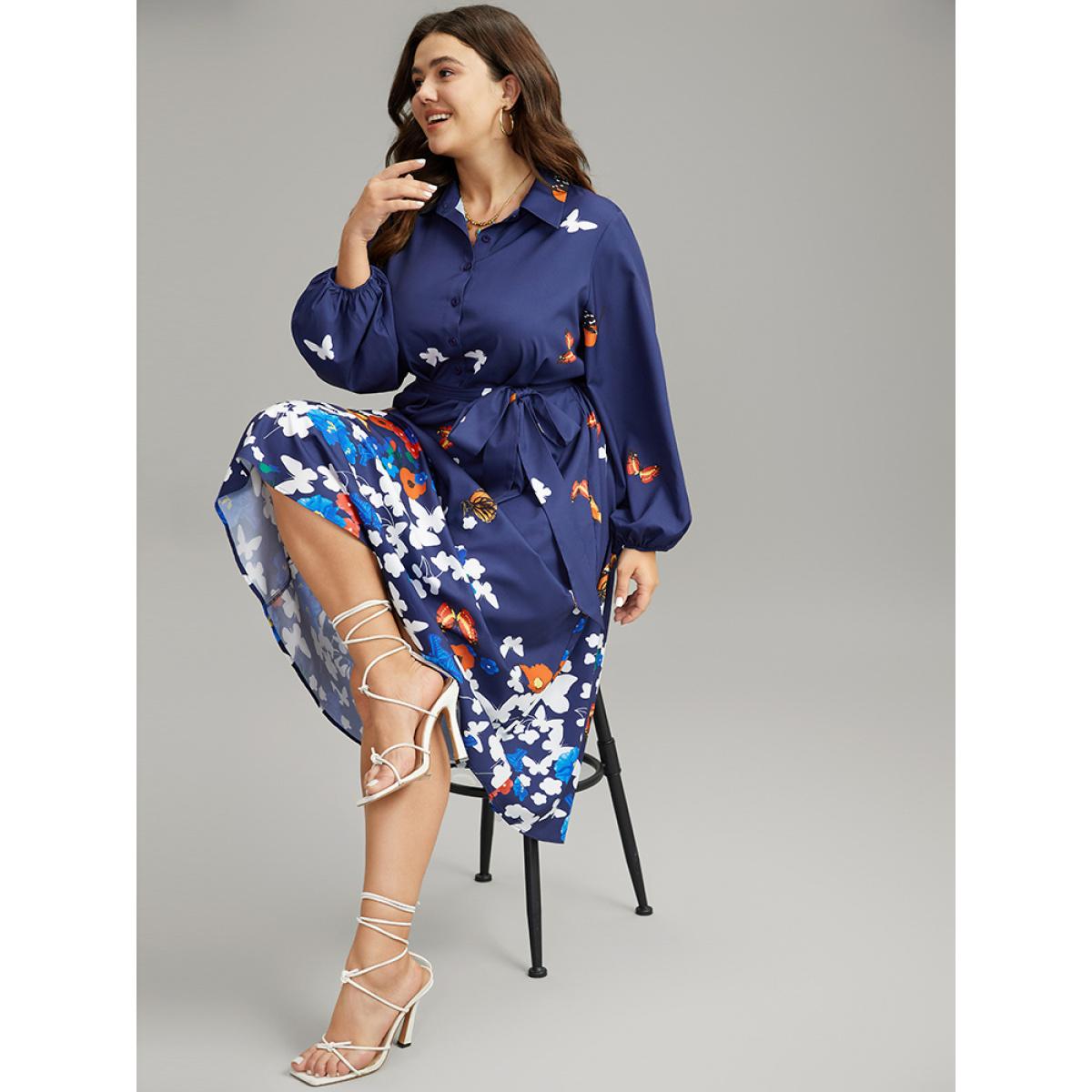 Plus Size Butterfly Print Gathered Button Up Belted Dress Navy Women Vacation Elastic cuffs Shirt collar Long Sleeve Curvy Midi Dress BloomChic 12/L Product Image