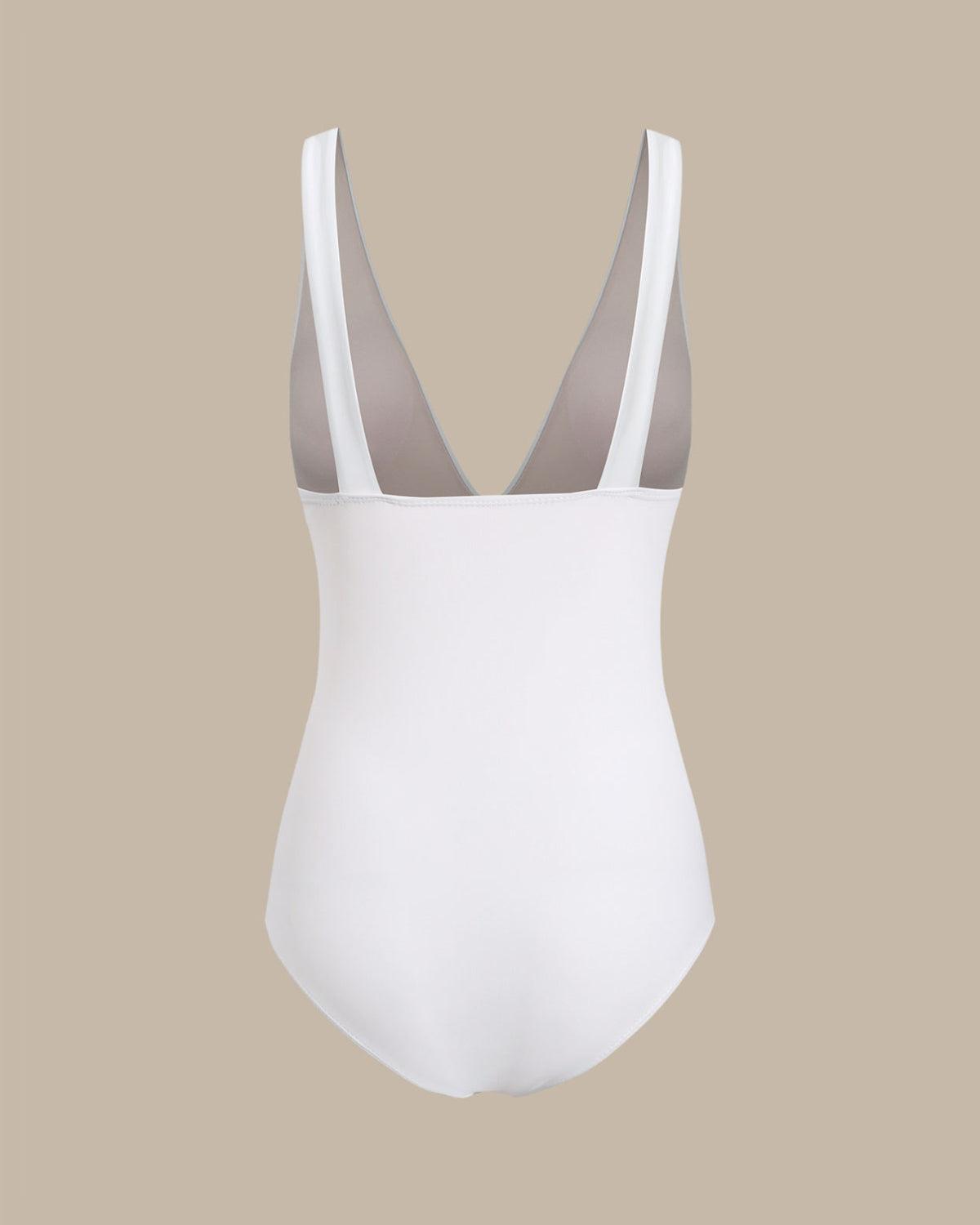White V-Neck Backless One-Piece Swimsuit Product Image