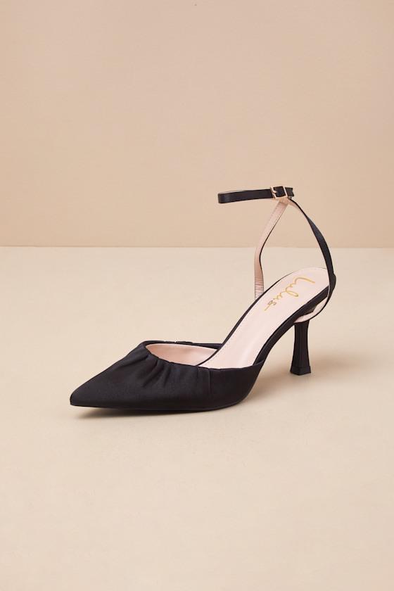Margot Black Satin Pointed-Toe Ankle Wrap High Heel Product Image