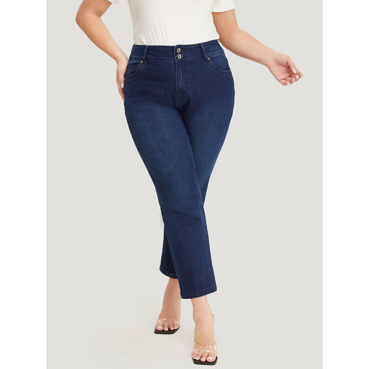 Plus Size Very Stretchy High Rise Dark Wash Embroidery Back Jeans Women DarkBlue Casual Plain Embroidered High stretch Jeans BloomChic 28/5X Product Image