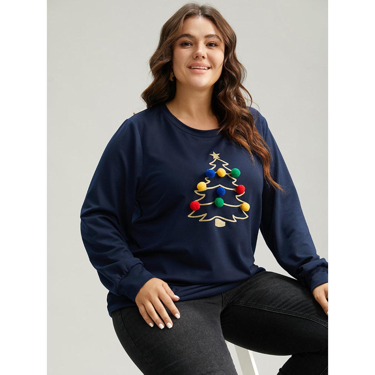 Plus Size Christmas Tree Fluffy Ball Crew Neck Sweatshirt Women Indigo Casual Contrast Festival-Christmas Sweatshirts BloomChic 14-16/1X Product Image
