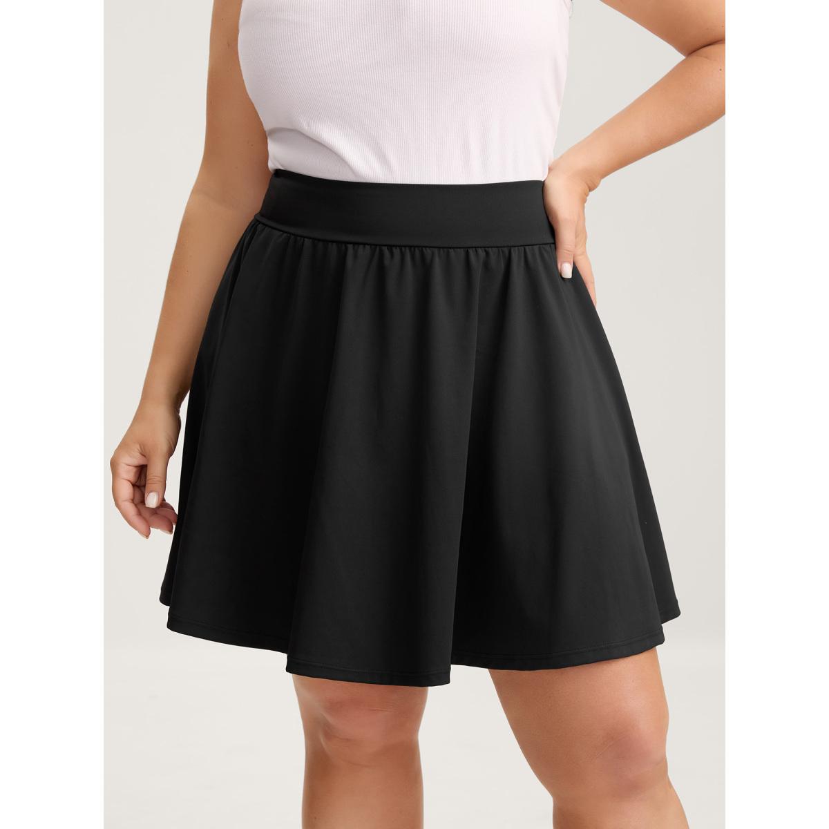 Plus Size Wide Stretchy Waist Flared Midi Skirt Women Black Leisure Loose Medium stretch Side seam pocket Casual Skirts BloomChic 10/M Product Image