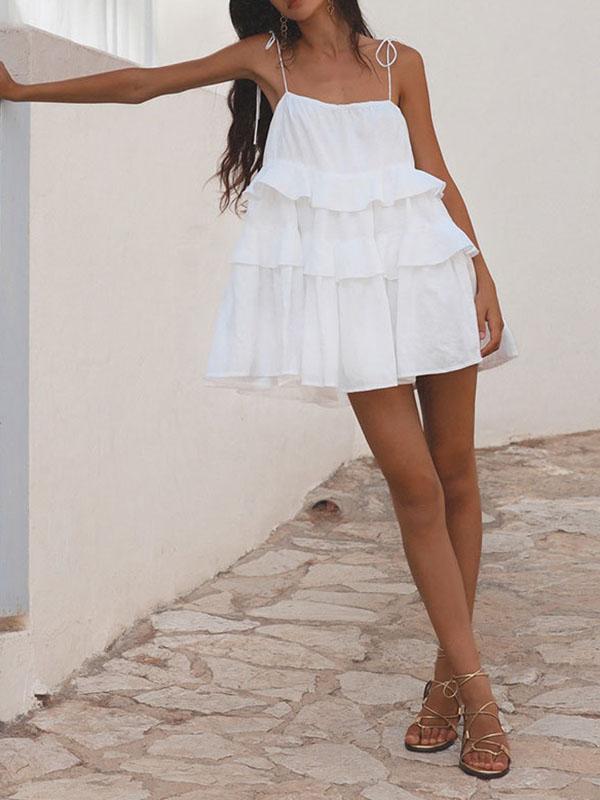 High Waisted Loose Backless Layered Pleated Solid Color Tied Spaghetti-Neck Mini Dresses Product Image