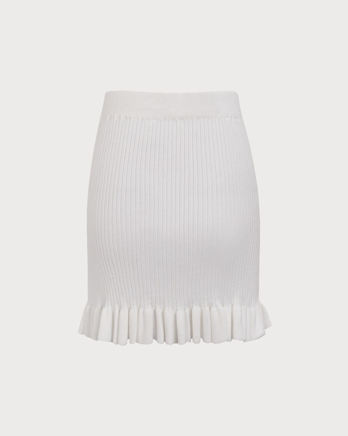 Women's White Ruffle Straight Knit Mini Skirt Female Product Image