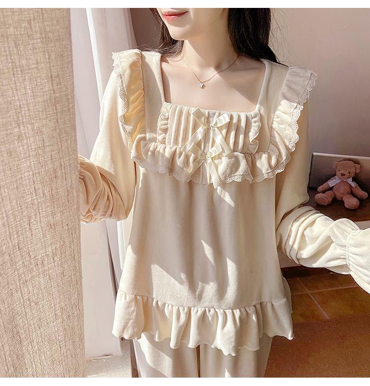 Pajama Set: Long Sleeve Square Neck Plain Ruffle Top + Straight Leg Pants Product Image