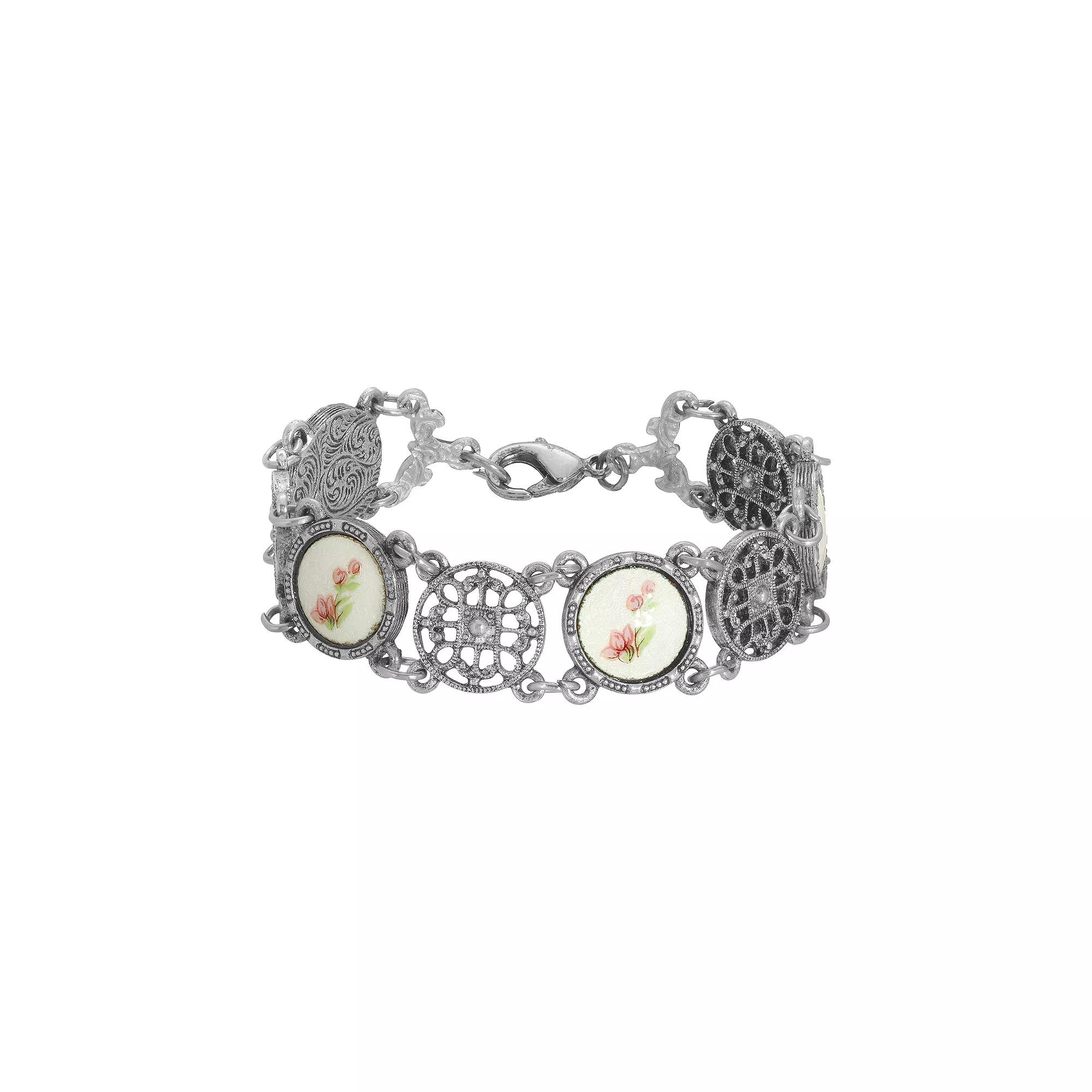 1928 Silver Tone Round Multi-Loop Filigree Bracelet, Womens, Pink Product Image