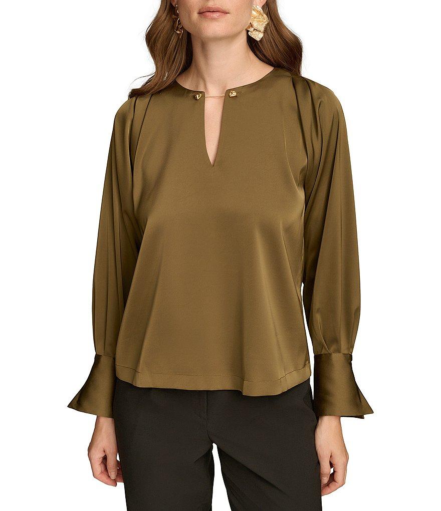 Donna Karan Chain Hardware Split-V Neck Long Sleeve Blouse Product Image