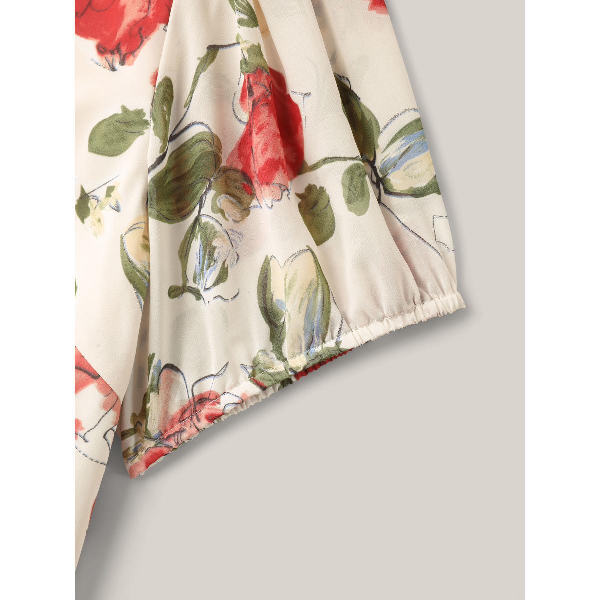 Plus Size Ivory Rosy Print Sheer Notched Collar Blouse Women Short sleeve Flat collar with V-notch Everyday-Elegant Blouses BloomChic 18-20/2X Product Image