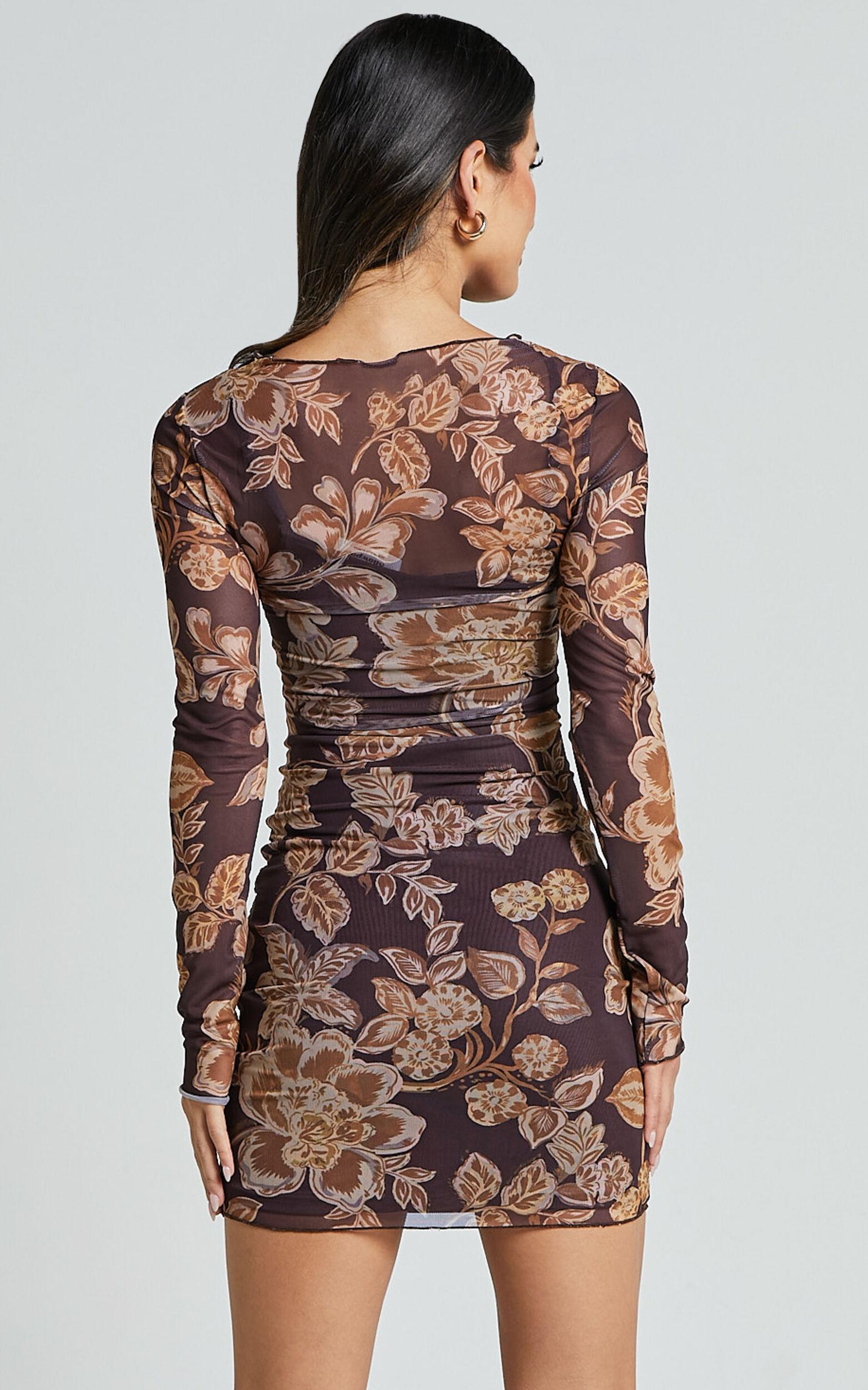 Livi Mini Dress - Long Sleeve Mesh Bodycon Dress in Amber Bloom Print Product Image