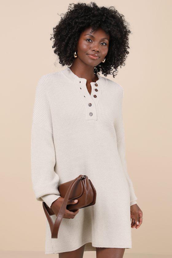 Coveted Coziness Ivory Long Sleeve Henley Sweater Mini Dress Product Image