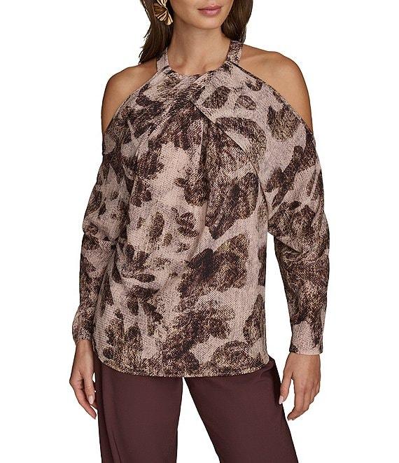 Donna Karan Printed Georgette Halter Neck Cold Shoulder Long Sleeve Top Product Image