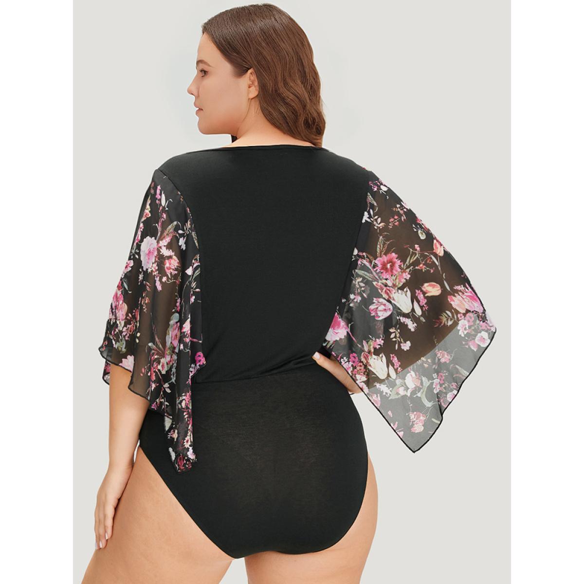 Plus Size Floral Print Patchwork Mesh Asymmetrical Sleeve Bodysuit Women Black Ditsy Floral Printed Bodysuits BloomChic 30/6X Product Image
