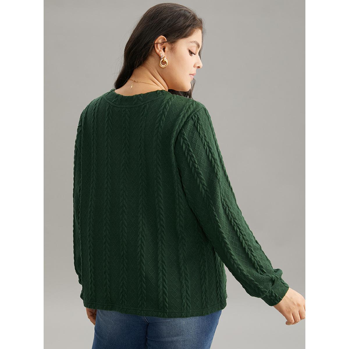 Plus Size Plisse Solid Button Detail Sweatshirt Women DarkGreen Elegant Texture V-neck Everyday Sweatshirts BloomChic 28/5X Product Image