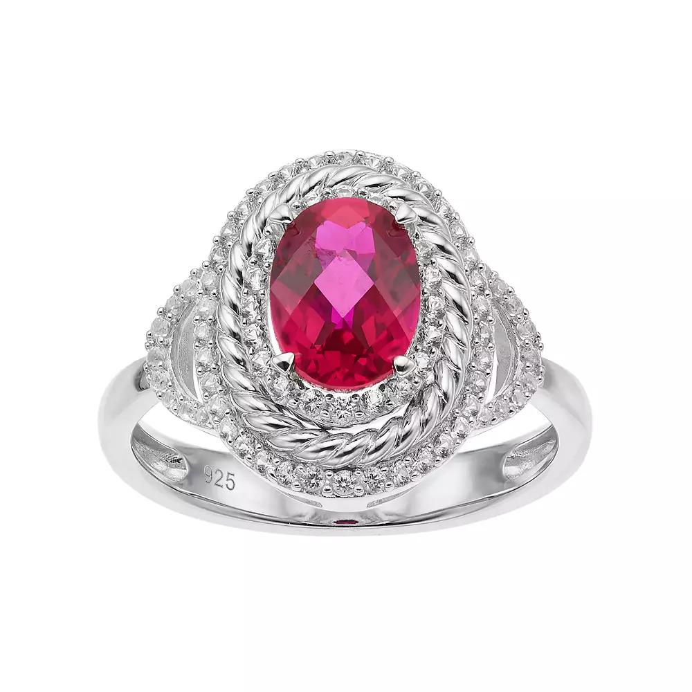 Sterling Silver Lab-Created Ruby & White Sapphire Oval Halo Ring, Women's, Size: 6 Product Image