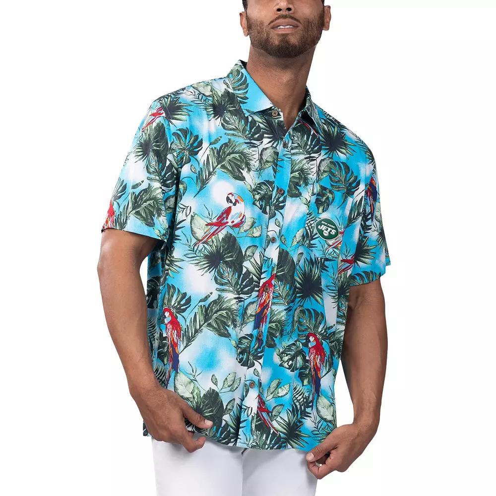 Men's Margaritaville Light Blue New York Jets Jungle Parrot Party Button-Up Shirt,  Product Image