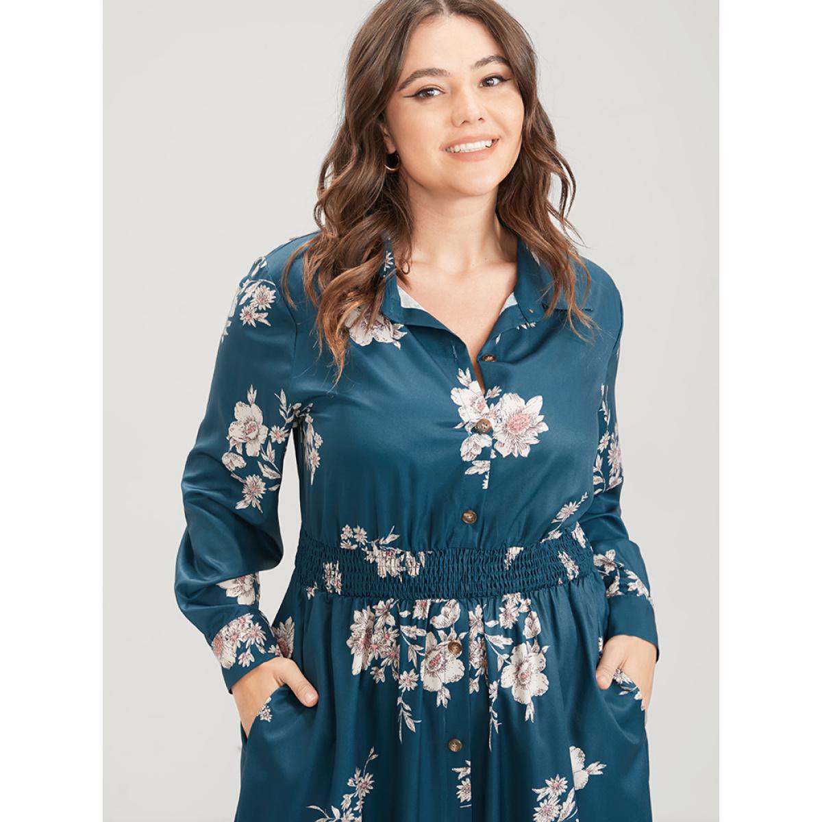 Plus Size Floral Button Up Pocket Split Shirred Shirt Collar Dress Aegean Women Elegant Printed Shirt collar Long Sleeve Curvy Midi Dress BloomChic 14-16/1X Product Image