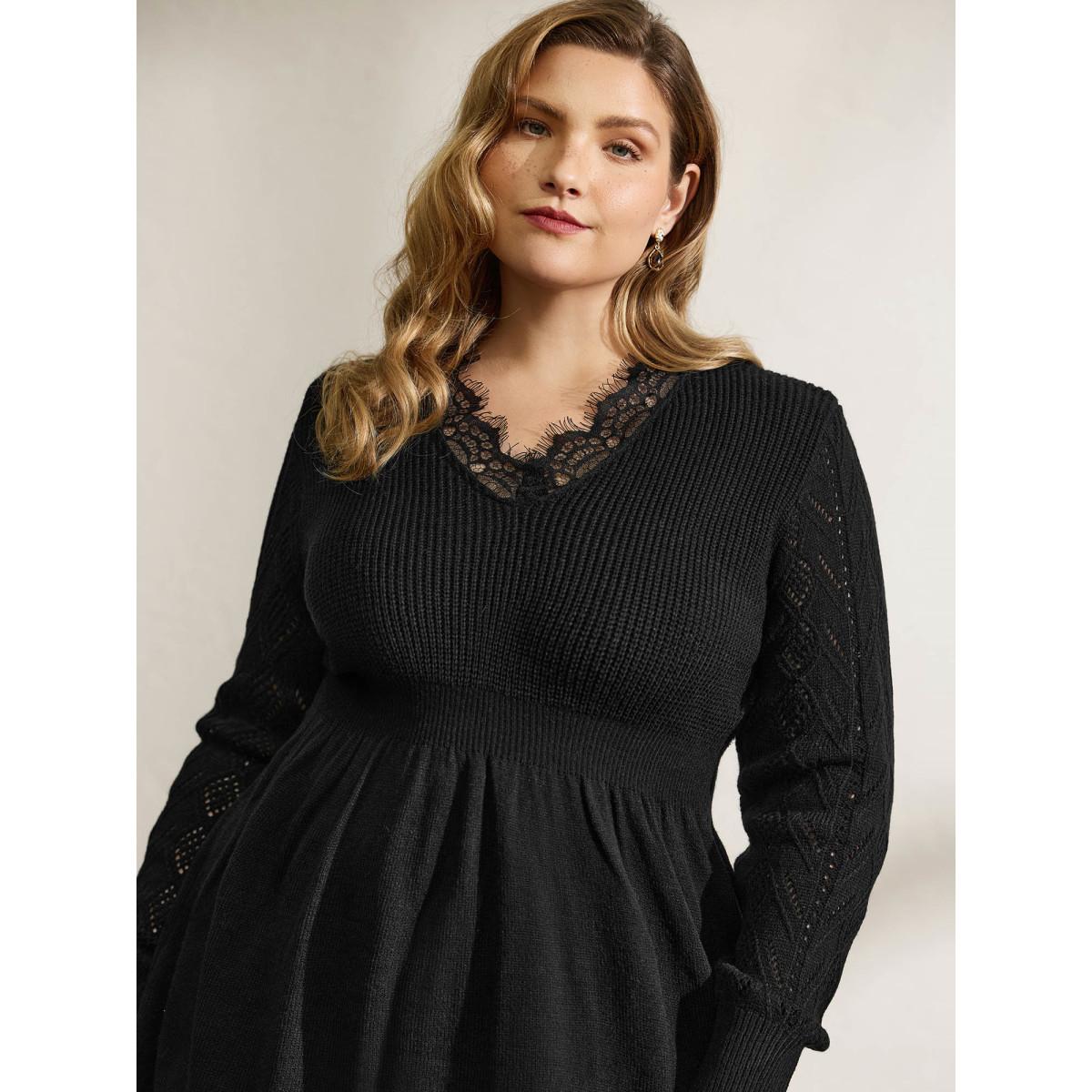 Plus Size Lace Cut-Out Cinched-Waist Midi Dress Black Women Timeless Bodycon Long Sleeve Elegant Sweater Dresses BloomChic 14-16/1X Product Image